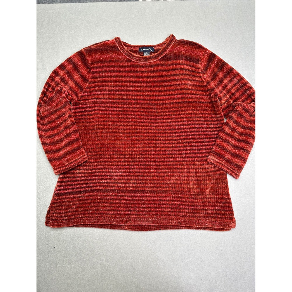 Denim & Co Chenille Sweater Women's 1X Red Striped Long Sleeve Crewneck Pullover
